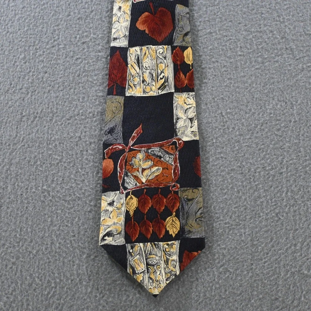 Marc Andrew Mens Vintage Patchwork Leaf Silk Necktie OS Black Multicolor